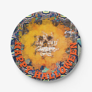 Plato De Papel Vivo Metalizado Feliz Halloween Scull Flame