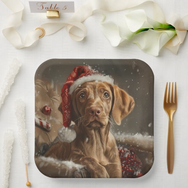 Plato De Papel Vizsla Perro Festivo de Navidad (Boda)