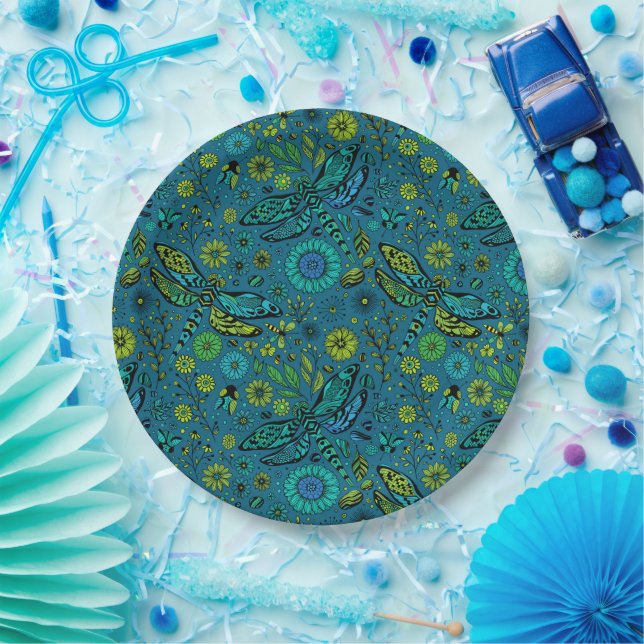 Plato De Papel Volar, volar libélula en azul (Fiesta)