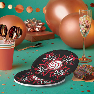 Plato De Papel Voleibol tribal Mandala Deportes rojos y negros