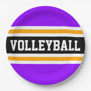 Plato De Papel VOLLEYBALL Divertido Morado Negro Naranja Rayas de