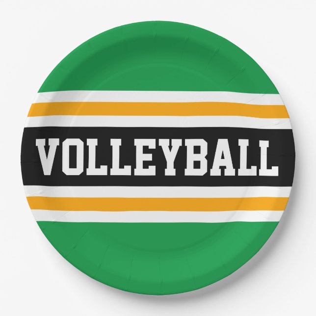 Plato De Papel VOLLEYBALL Fun Green Brillante Rayas Amarillas Neg (Anverso)