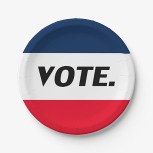 Plato De Papel "Vota" letras negras, fiesta blanco azul rojo