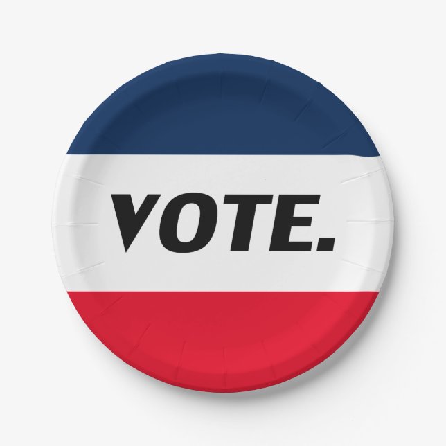 Plato De Papel "Vota" letras negras, fiesta blanco azul rojo (Anverso)