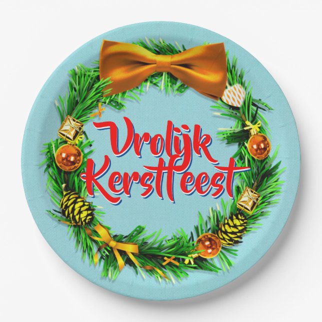 Plato De Papel Vrolijk Kerstfeest Holandés Feliz Navidad 9″ (Anverso)