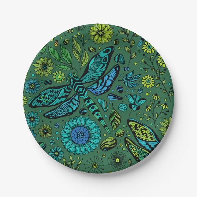Plato De Papel Vuela, vuela libélula sobre esmeralda verde (Anverso)