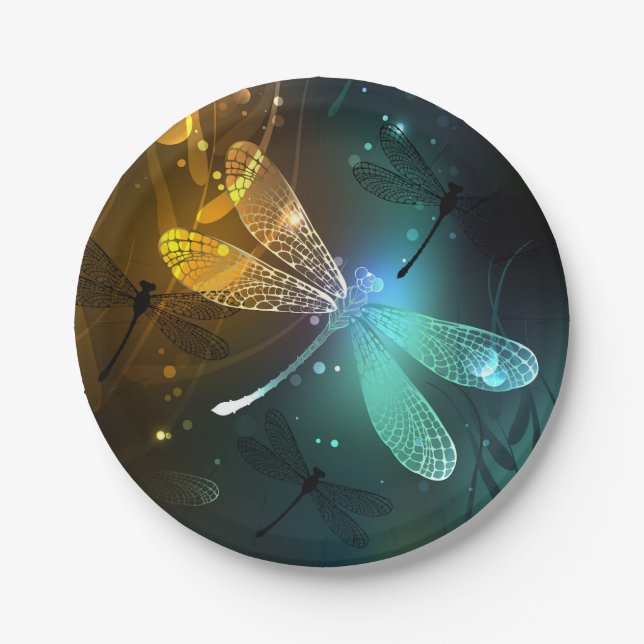 Plato De Papel Vuelo de libélula luminosa verde (Anverso)