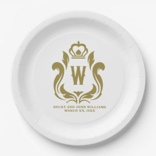 Plato De Papel W Monogramed Gold Escudo
