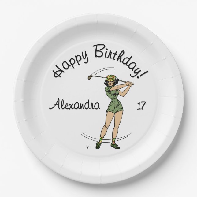 Plato De Papel Warm Up Lady Golfer Feliz cumpleaños Edad (Anverso)