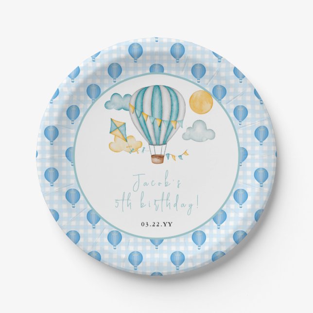 Plato De Papel Watercolo Hot Air Balloon Kid 5Cumpleaños Party (Anverso)