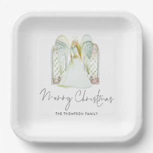 Plato De Papel Watercolor Ángel Whimsical Merry Christmas Script