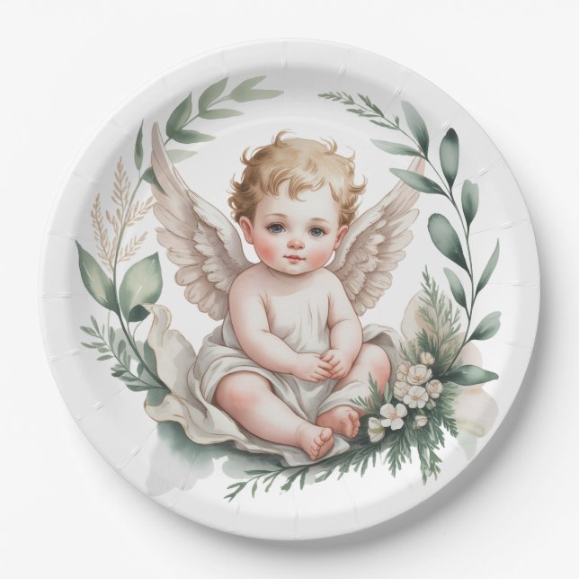 Plato De Papel Watercolor Angel Wings Baptism  (Anverso)