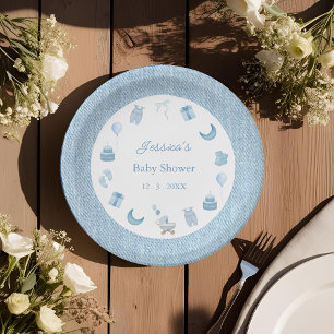 Plato De Papel Watercolor Azul Jean Baby Denim Baby Shower