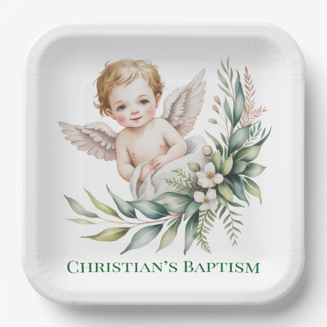 Plato De Papel Watercolor Baby Angel Feather Wings Baptism  (Anverso)