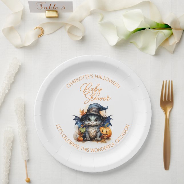 Plato De Papel Watercolor Baby Dragon Halloween Baby Shower (Boda)