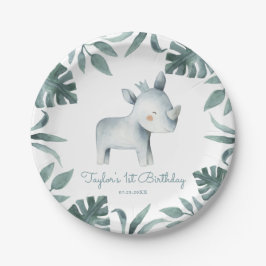 Plato De Papel Watercolor Baby Rhinoceros Prince Tropical