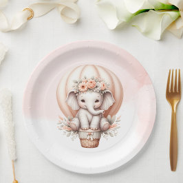 Plato De Papel Watercolor Baby Shower Peach Elephant