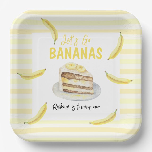 Plato De Papel Watercolor Banana Cake Birday Party (Anverso)