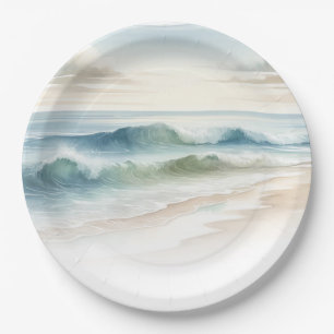 Plato De Papel Watercolor Beach Waves Rustic Coastal Boda