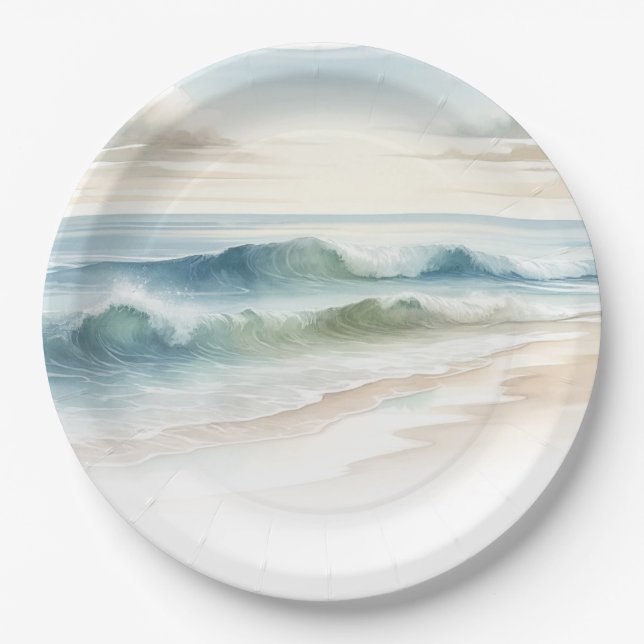 Plato De Papel Watercolor Beach Waves Rustic Coastal Boda (Anverso)
