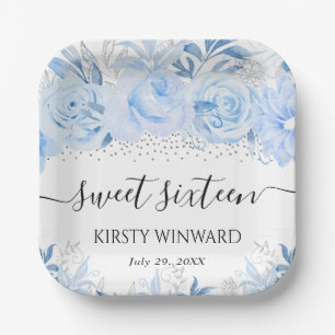 Plato De Papel Watercolor Bebé Blue Winter Flowers Sweet 16