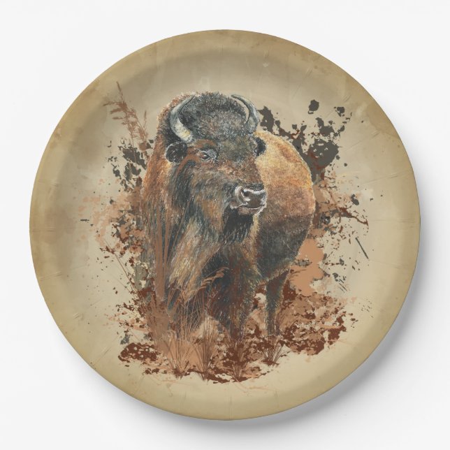 Plato De Papel Watercolor Bison Búfalo Animal Wildlife Nature (Anverso)