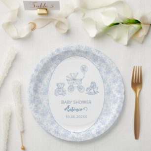 Plato De Papel Watercolor Blue Bow Juguetes Niño ducha bebé