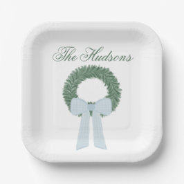 Plato De Papel Watercolor Blue Gingham Sash Wreath