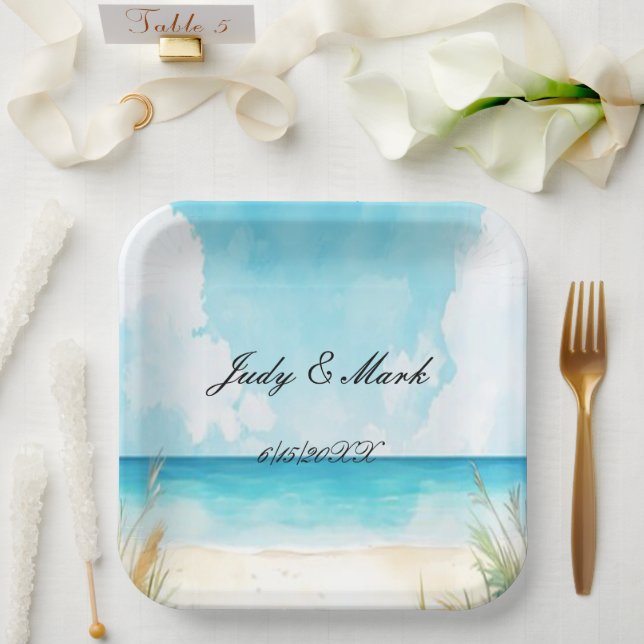 Plato De Papel Watercolor Blue Ocean Beach Wedding (Boda)