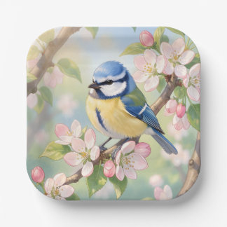 Plato De Papel Watercolor Blue Tit Bird on Apple Tree Spring