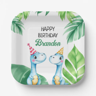 Plato De Papel Watercolor Blue Trex Greenery Kids Tercer cumpleañ
