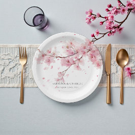 Plato De Papel Watercolor Blush Pink Cherry Blossom Wedding