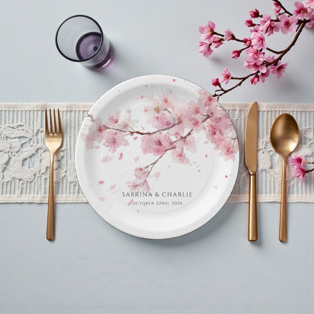 Plato De Papel Watercolor Blush Pink Cherry Blossom Wedding (Watercolor Blush Pink Cherry Blossom Wedding Paper Plates)