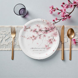 Plato De Papel Watercolor Blush Pink Cherry Blossom Wedding