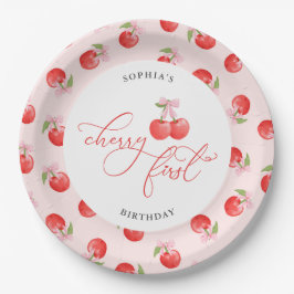 Plato De Papel Watercolor Bow Cherry Primer Cumpleaños