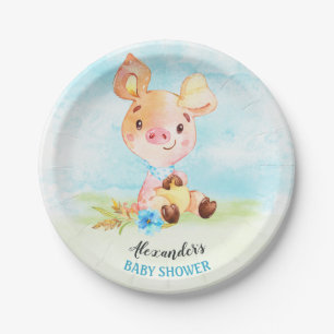 Plato De Papel Watercolor Boy Piggy Baby Shower Farm
