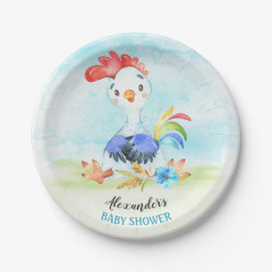 Plato De Papel Watercolor Boy Rooster Baby Shower Farm