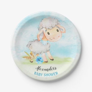 Plato De Papel Watercolor Boy Sheep Baby Shower Farm