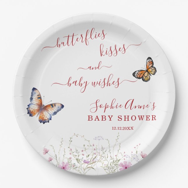 Plato De Papel Watercolor Butterfly Wildflowers Baby Shower (Anverso)