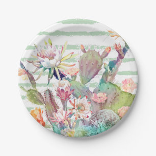 Plato De Papel Watercolor Cactus Floral Stripes Design