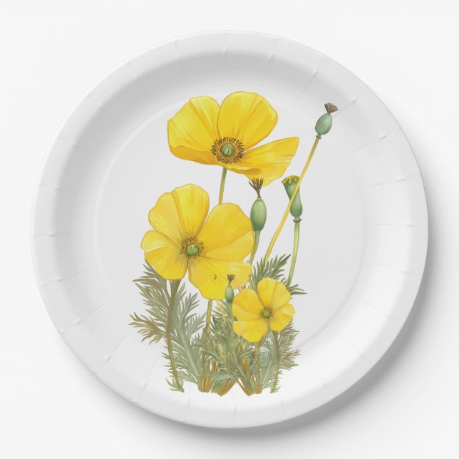 Plato De Papel Watercolor California Poppy Yellow Flower (Anverso)