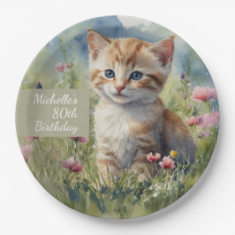 Plato De Papel Watercolor Cat Meadow Flowers 80th Birthday
