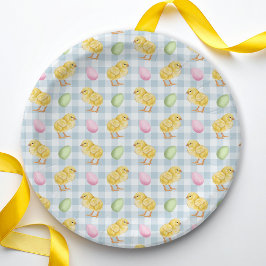 Plato De Papel Watercolor Chick And Eggs On Blue Gingham Pattern