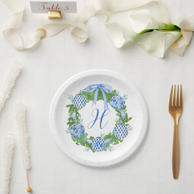Plato De Papel Watercolor Chinoiserie Navidades Wreath Monograma (Boda)