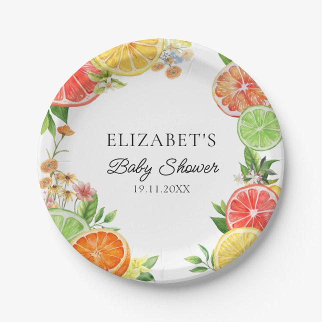 Plato De Papel Watercolor Citrus Little Cutie Baby Shower (Anverso)