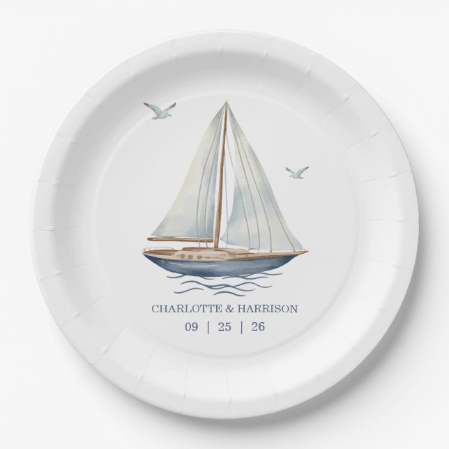 Plato De Papel Watercolor Coastal Seascape Wedding (Anverso)