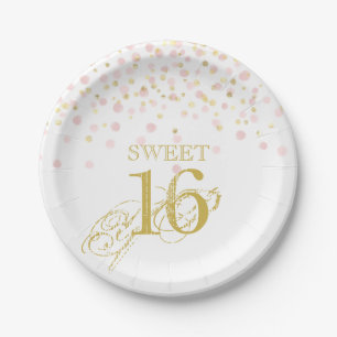Plato De Papel Watercolor Confetti Sweet 16 Elegante Oro Rosa