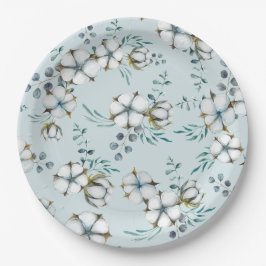 Plato De Papel Watercolor Cotton Flowers and Eucalyptus