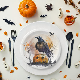 Plato De Papel Watercolor Crow Halloween