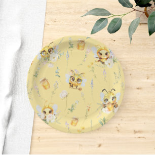 Plato De Papel Watercolor Cute Bee Wildflowers Baby Shower